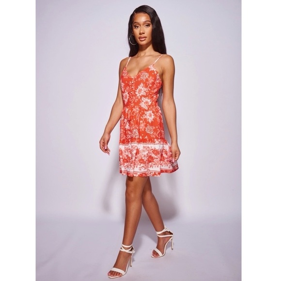 Red Floral Print Scarf Print Sleeveless V-Neck Tiered Mini Dress - Picture 6 of 11